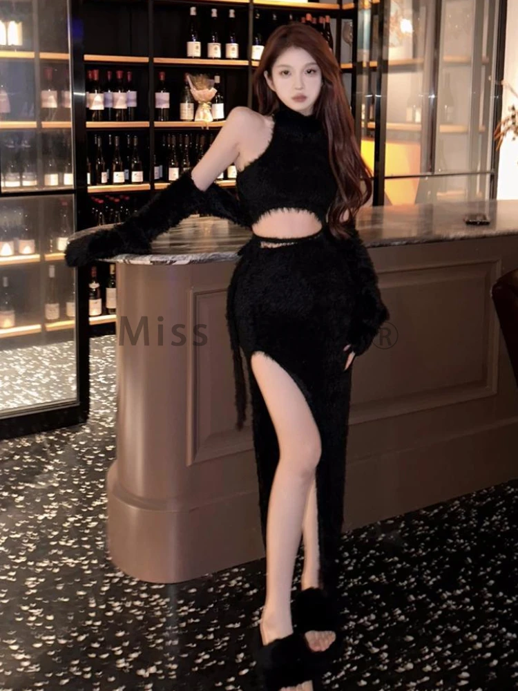 Party Sexy Three Piece Set Women Korean Open Fork Elegant Vintage Skirt Suit Female Off Shoulder Design Chic Y2k Set 2024 New