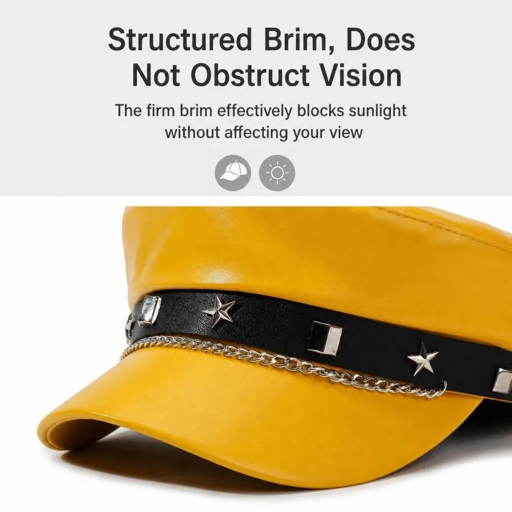 Fashion PU Leather Newsboy Hat Solid Color Star Strap Baker Boy Cap Metal Chain Decor Casual Beret Hat Street Style