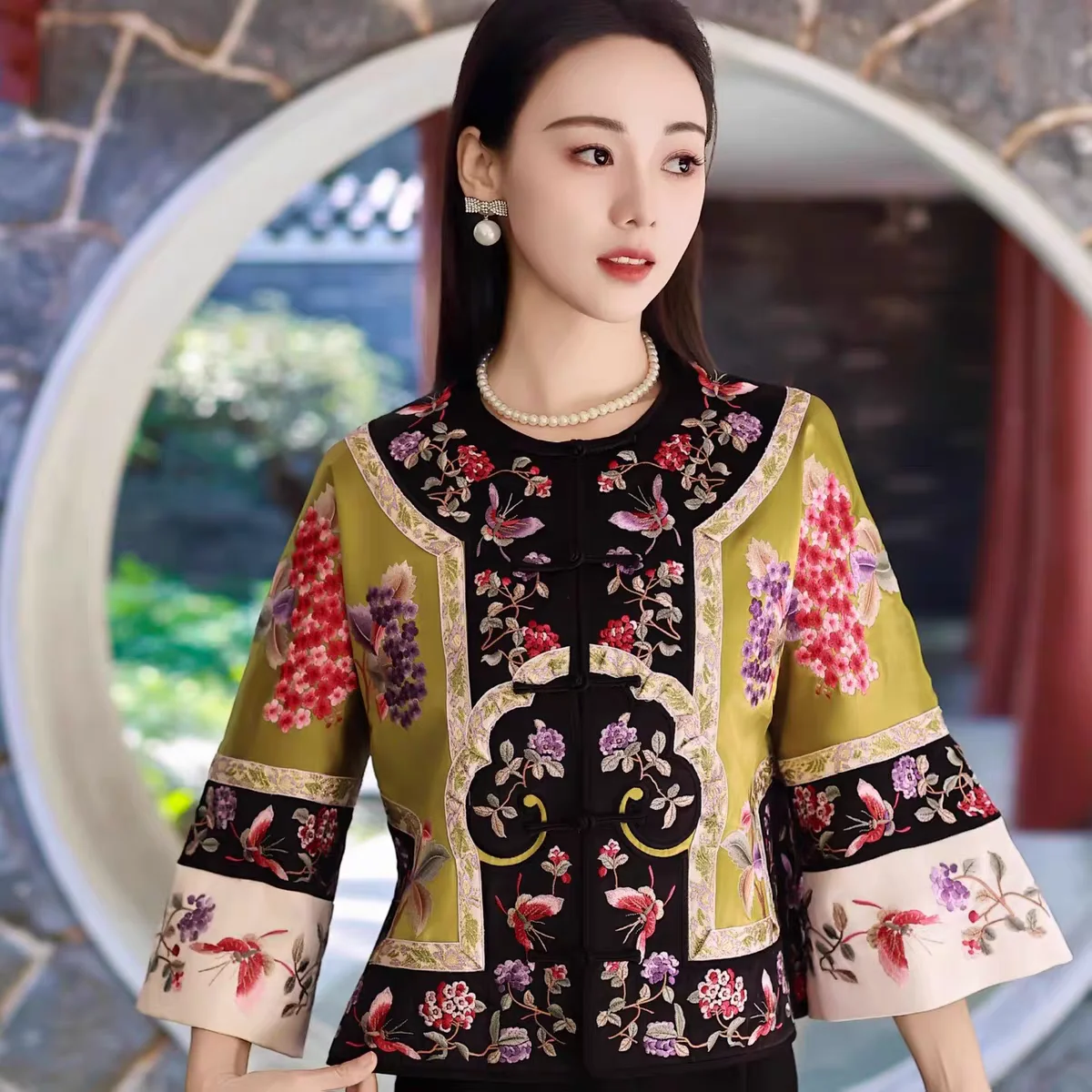 High-end Satin Acetate Women Jacket Top Embroidery Flowers Tang Suit Elegant Lady Loose Coat Female S-XXL