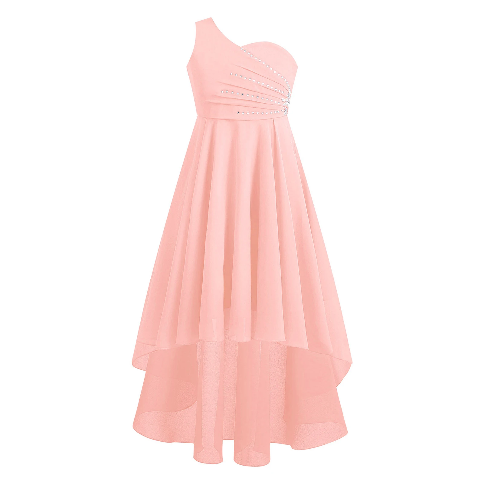 Elegante Kinder Bloemenmeisjes Jurk Mouwloos Een Schouder Hoog-Laag Chiffon Jurk Bruiloft Verjaardagsfeestjurk Petite Robe Filles