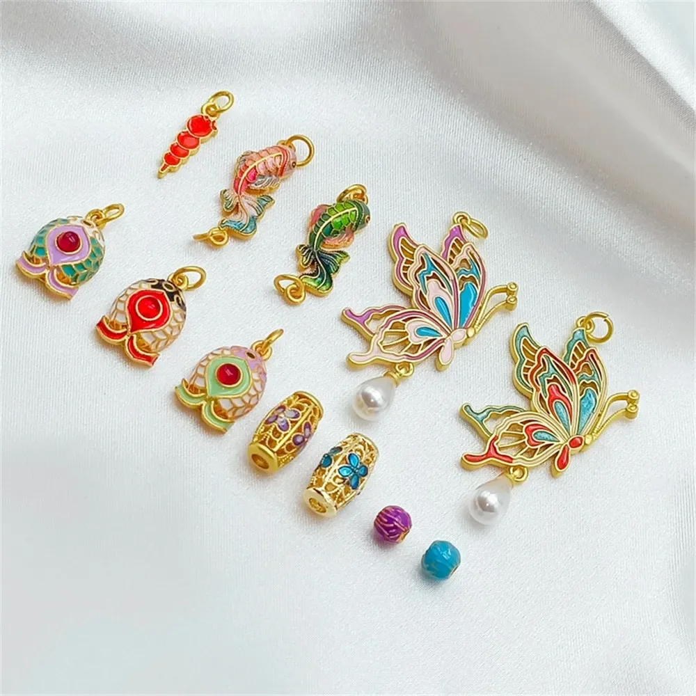 

18-каратное сиамское боевое рыба, кои, подвеска-бабочка, сетчатый узор «сделай сам», бусины-дыня, бусины в форме барабана