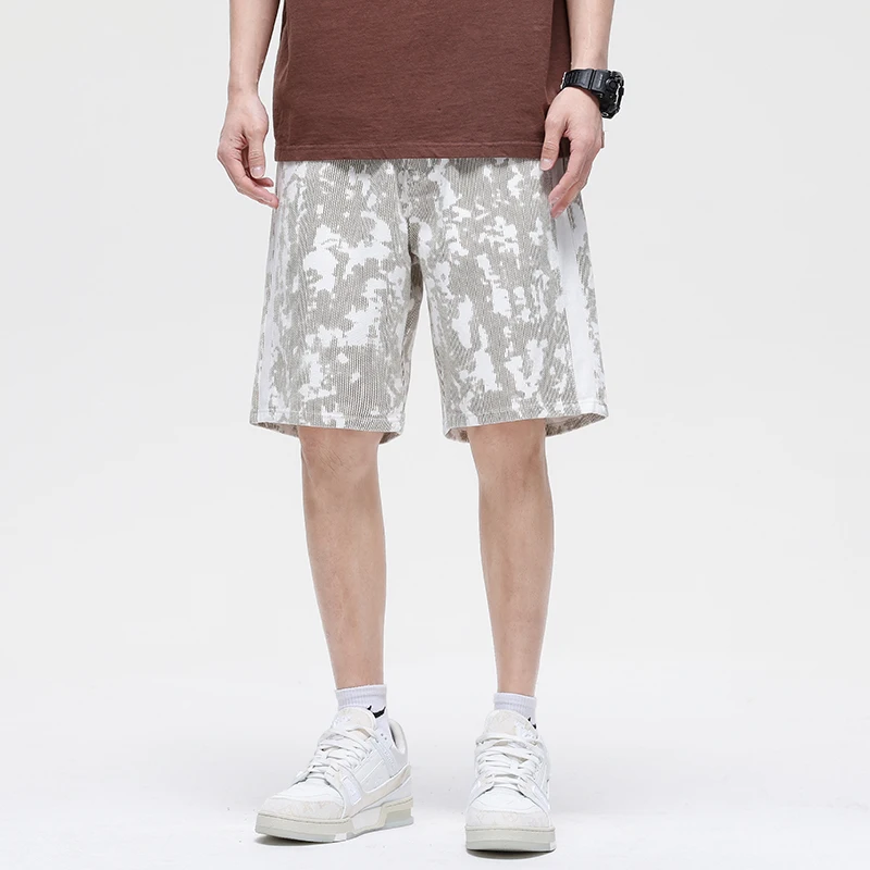 Trendy High Street Men'S Jeans Classic Printed Stripes Versatile Straight Tube Loose Casual Fashion Cotton Men'S Denim Shorts