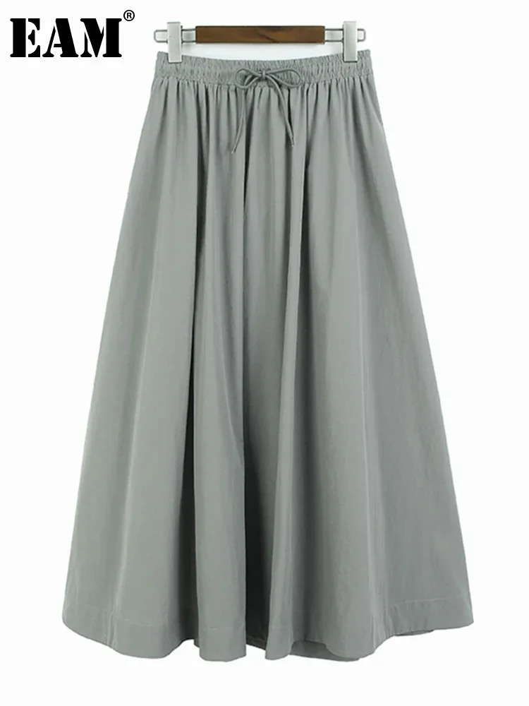 [EAM] High Elastic Waist Gray Brief Long Elegant A-line Half-body Skirt Women Fashion Tide New Spring Autumn 2024 1DH6196