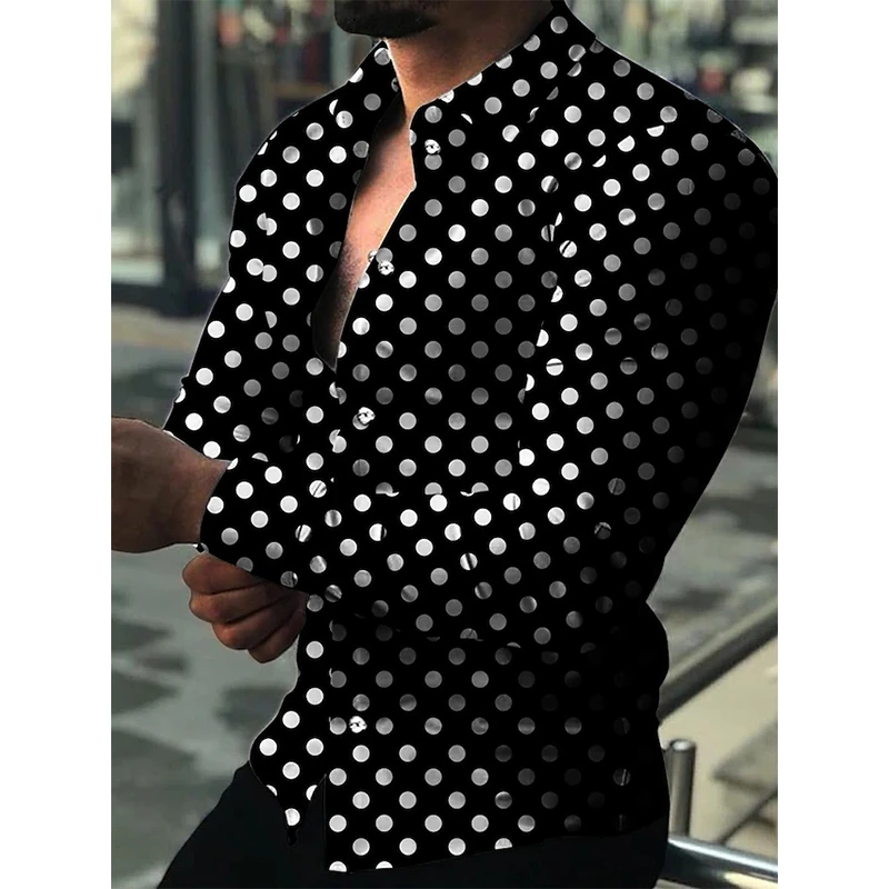 Camisas Sociais Masculinas de Primavera e Outono com Gola Reversível e Botões, Estampa de Poás, Manga Longa, Moda Casual para Homens