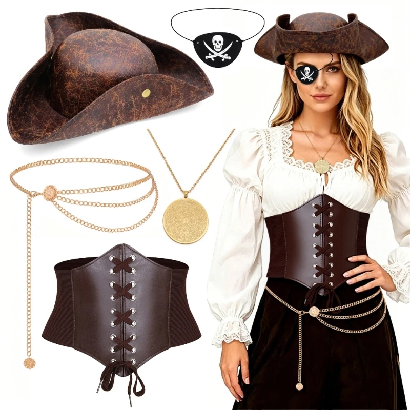 5Pcs Halloween Pirate Costume for Women Girls Pirate Hat Medieval Corset Waist Belt Eye Patches Necklace for Womens