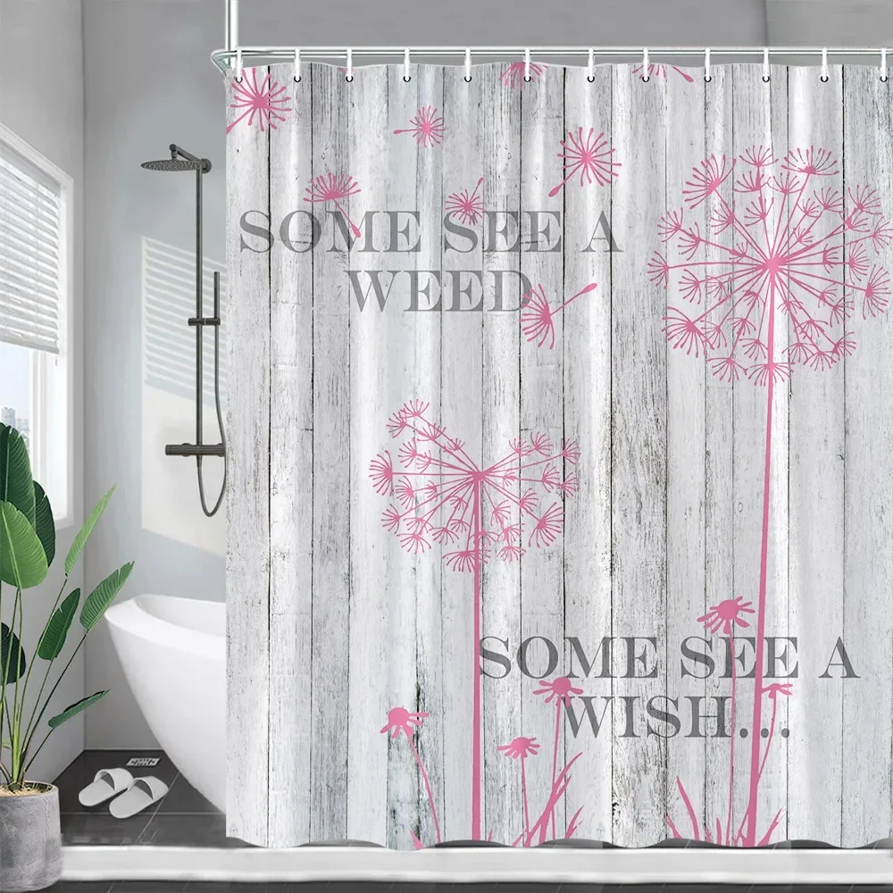 Black Dandelion Shower Curtains Rustic Farm Grey Wood Board Plant Floral Bath Curtain Polyester Fabric Bathroom Decor with Hooks image 5