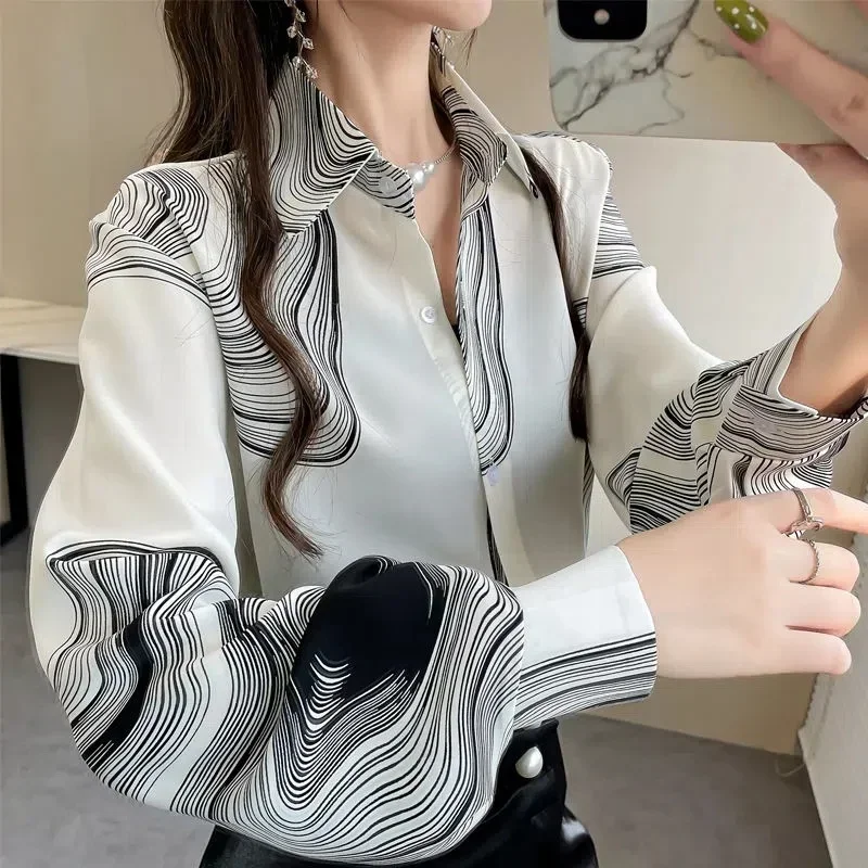 Brand Women Spring Fall Floral Print Blouse Office Business Tops Casual Lapel Button Up Long Sleeve Loose Chiffon Shirt Blusas