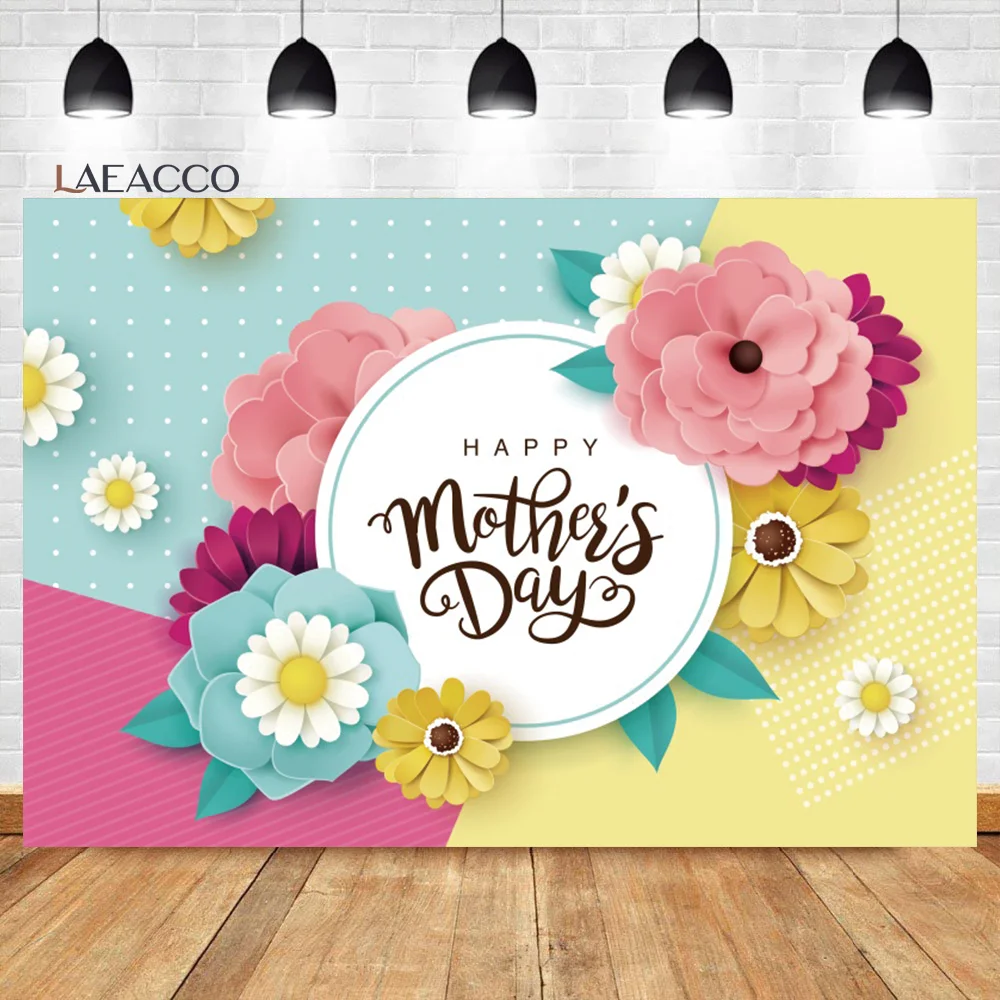 

Laeacco Mother's Day Backdrop Pink Flower Pattern Thanks Mom Party Bridal Shower Portrait Customized Photography Background