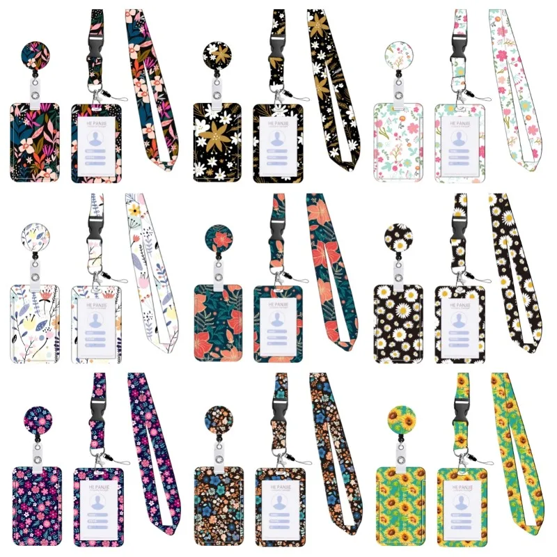 Casual Beautiful Daisy Sunflower Floral Card Cover Neck Strap Retractable Easy Pull Badge Reel Set Bus Pass Student Card Holder