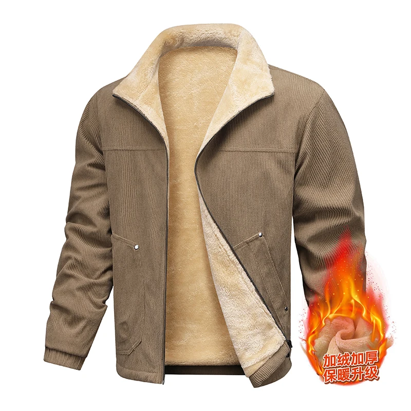 

Men's White Warm Corduroy Jacket - Thickened Fleece, Fur Collar & Reflective Details, Safe Trendy for Night Outdoor & Urban Wear