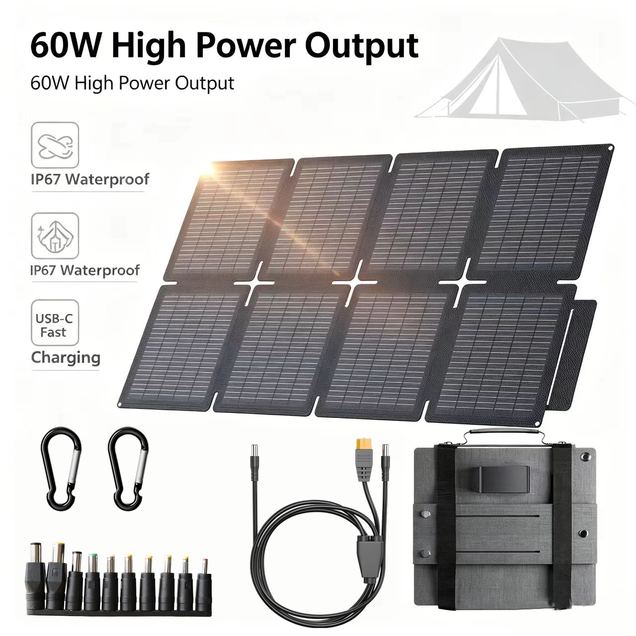 LIONSHEE 60W Faltbares Solarpanel IP67 Wasserdicht Tragbar | 3-in-1 Ausgänge USB-C + USB-A + DC | Outdoor Solar Ladegerät für Camping, Wandern, Angeln, Smartphone, Powerbank, Tablet und Kleingeräte