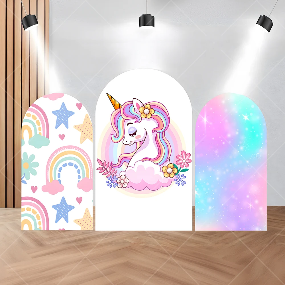 Rainbow Unicorn Arch  Photography Backgrounds Custom Pink Glitter Star Girl Baby Birthday Backdrop Decoration Photo Studio Props