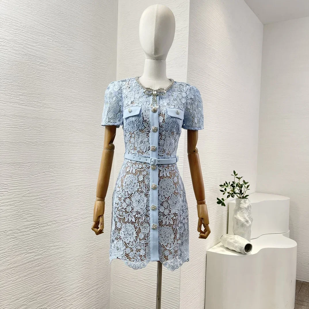 

Lady Summer High Quality 2024 New Light Blue Hook Floral Hollow Short Sleeve Belted Rhinestones Women Mini Dress