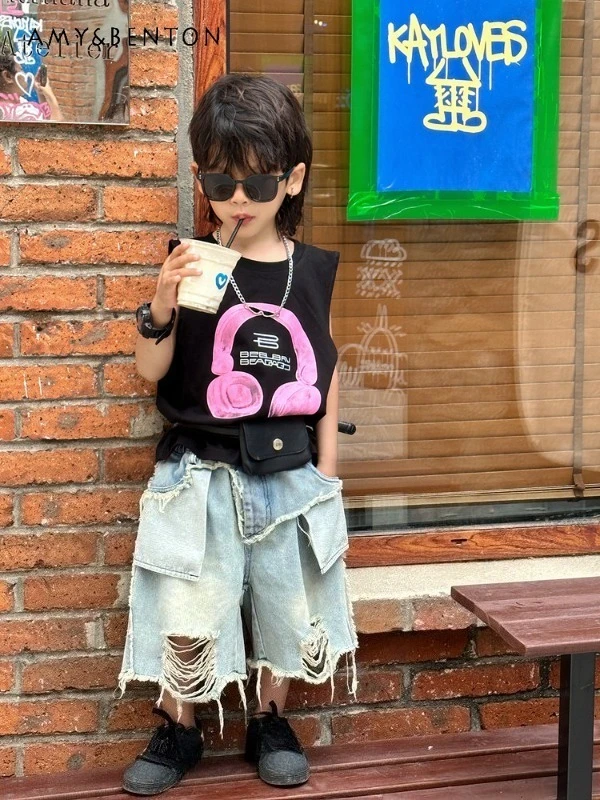 

Boys Summer 2-Piece Outfit Kids Headphone Print Sleeveless Tank Top with Distressed Denim Shorts Streetwear Style Kids Clothes