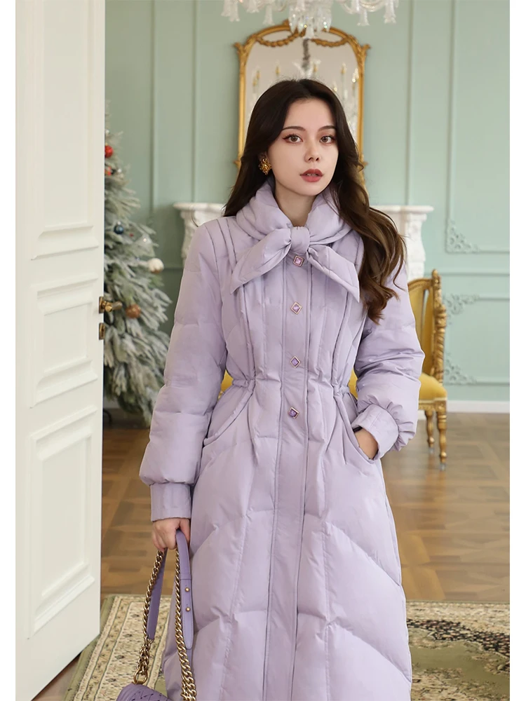 

Оригинальное длинное фиолетовое пуховое пальто с застежкой на талии, новое китайское винтажное женское зимнее пальто на молнии с застежкой-молнией Du down Filling