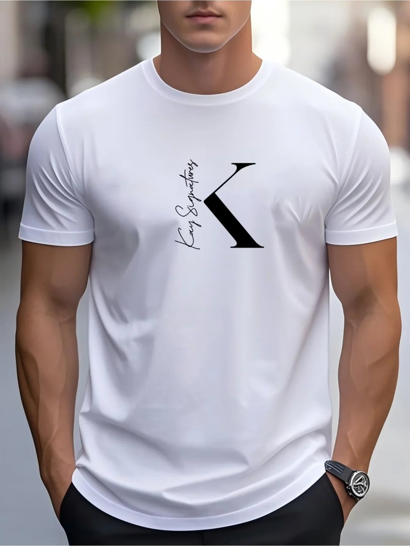 Fashion Men's K Letter Kay Signature Graphic T-Shirt Simple Style 3D Print Short Sleeve Tee Casual Daily Basic Tops