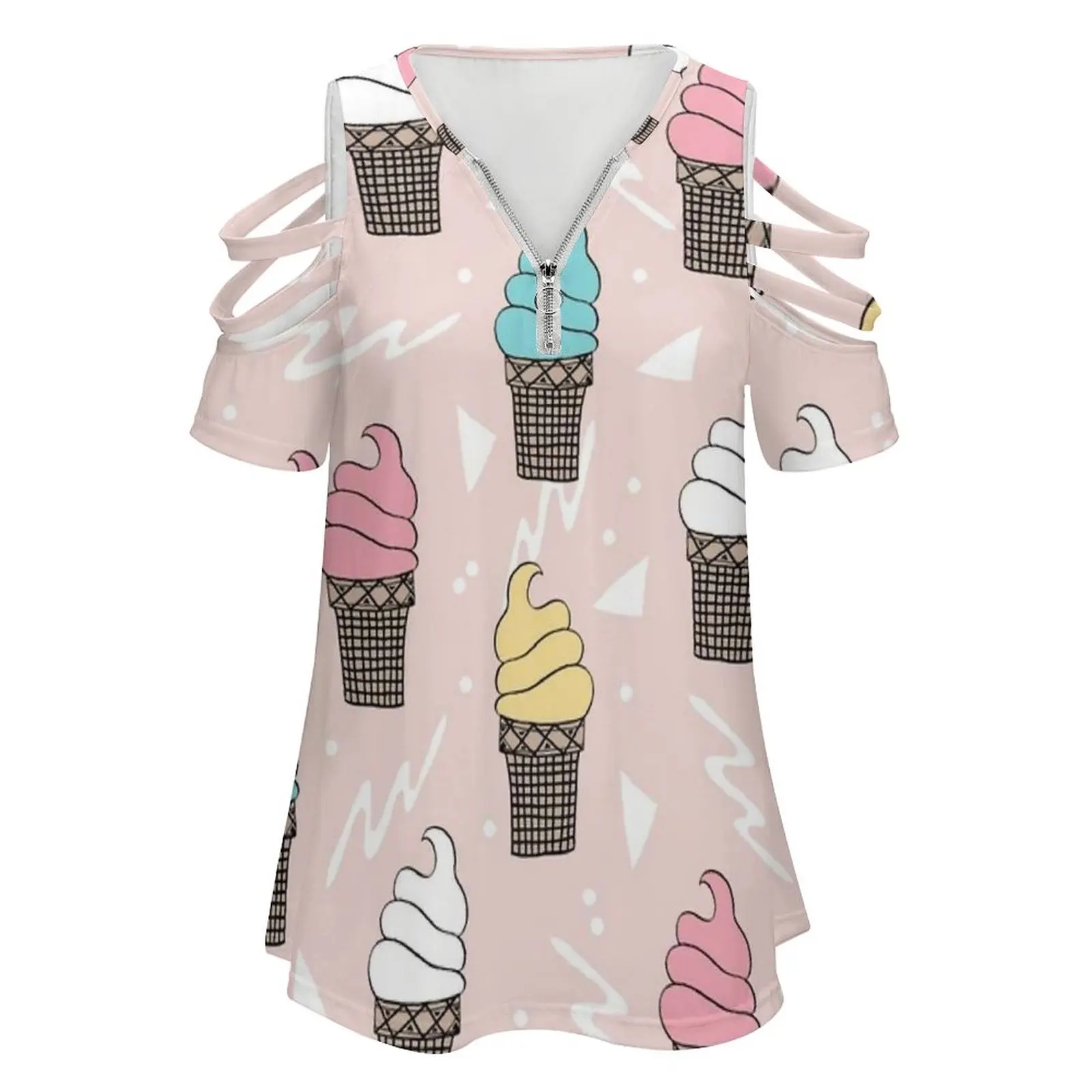 Ice Cream Sweet Treat Dessert Pattern By Andrea Lauren Women Zipper Sexy Printed Vintage T Shirts Tops Full Print T-Shirt Ice