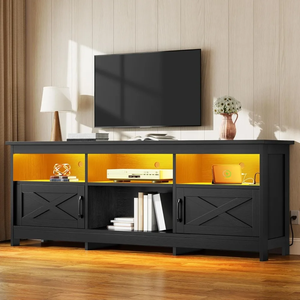 

TV Stand for 80/75/70 Inch TVs with LED Lights, Farmhouse Entertainment Center with Storage Cabinets, Open Shelves & Ad