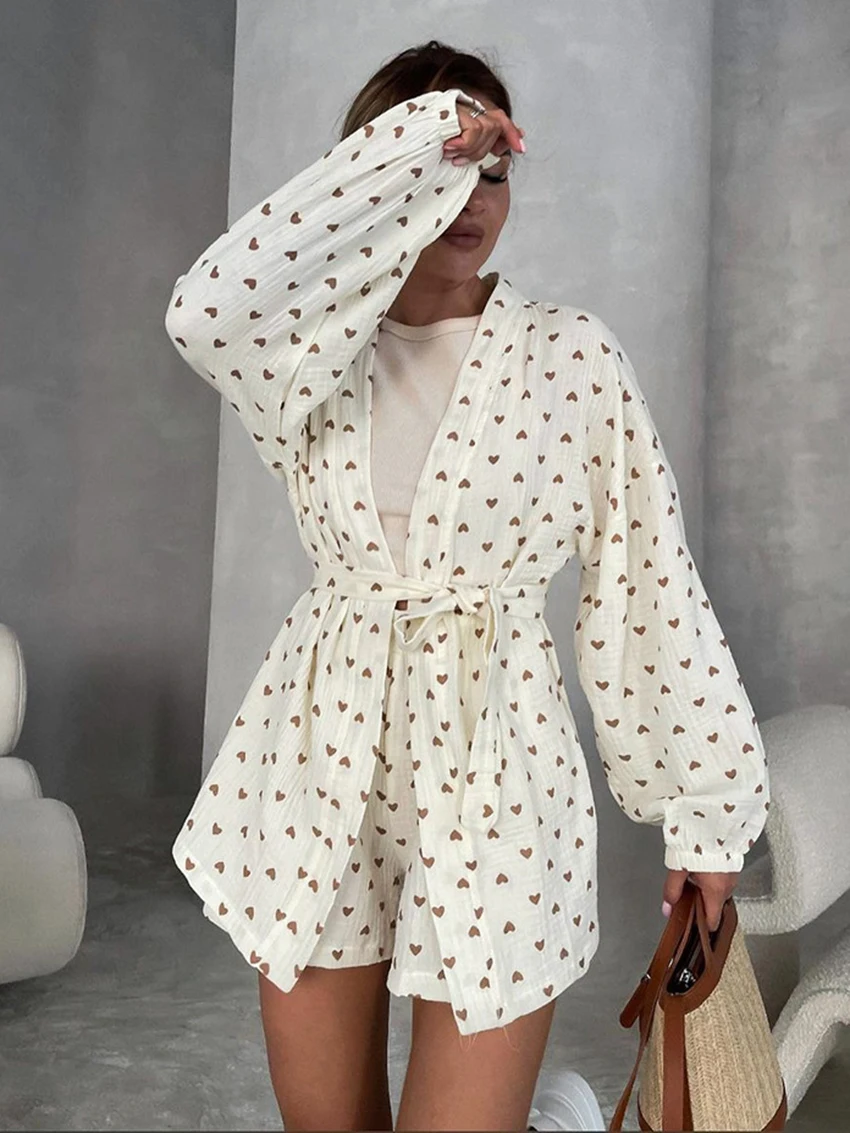 

Marthaqiqi Printing Women Sleepwear Suit Sexy V-Neck Pajamas Lace Up Nightwear Long Sleeve Nightgowns Shorts Cotton Nightie Set