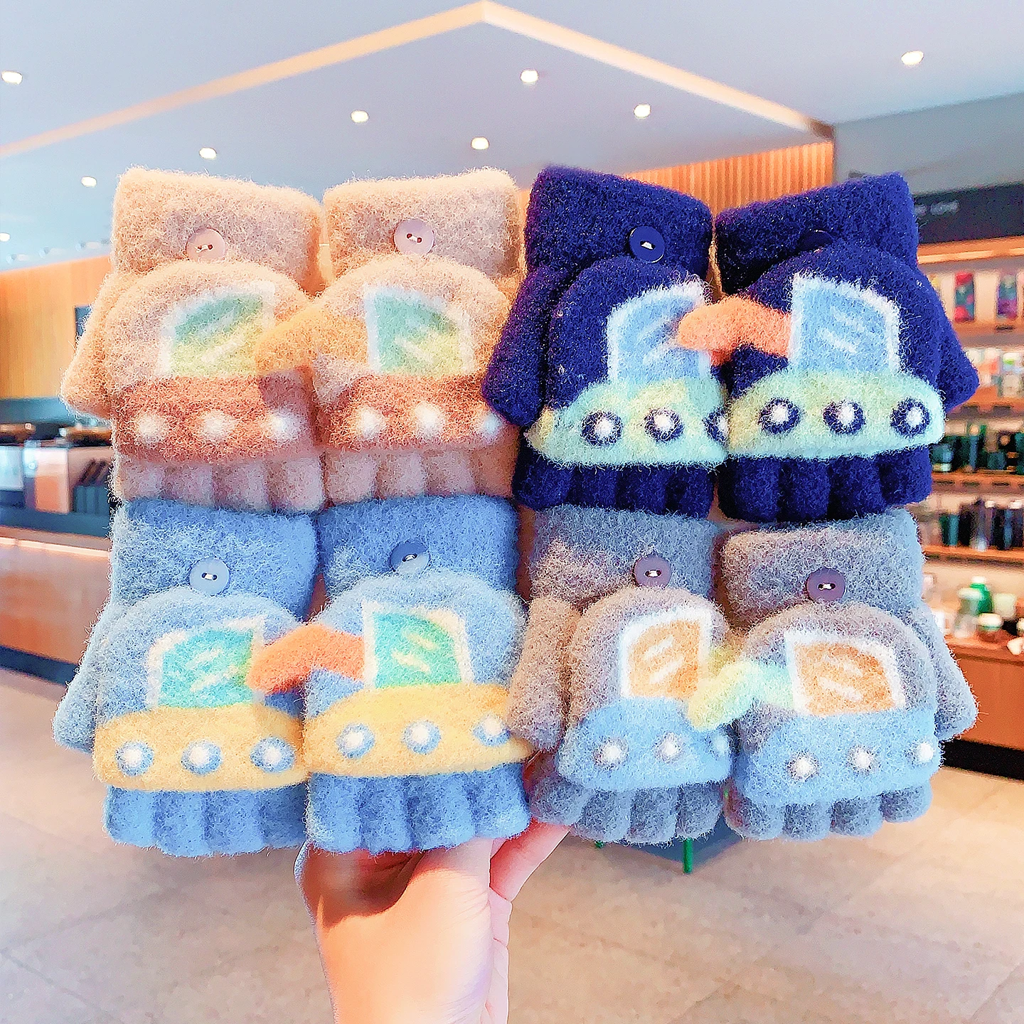 3-6 Year Boys 2 in 1 Flip Knit Gloves Winter Warm Plush Convertible Mittens Cute Cartoon Car Print Kids Outdoor Thermal Gloves