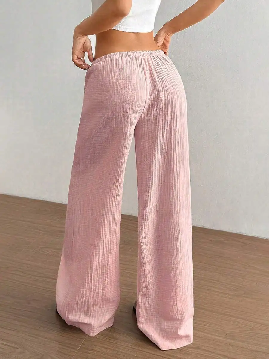 Women's Elegant Multi-Functional Stretch Waist Comfortable Casual Pants, Slightly Stretchy Simple Solid Textured Fabric High-Waist Wide-Leg Pants with Drawstring Waist and Slanted Pockets