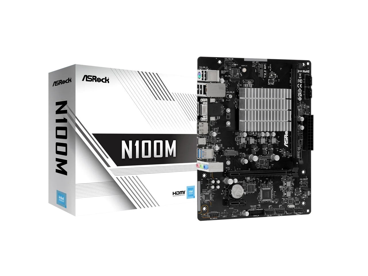 ASRock N100M Micro ATX (280) Motherboards - Intel, 1 DDR4 DIMM, 2 SATA3, 1 M.2 Intel Quad-Core Processor N100 (Up to 3.4 GHz),.1