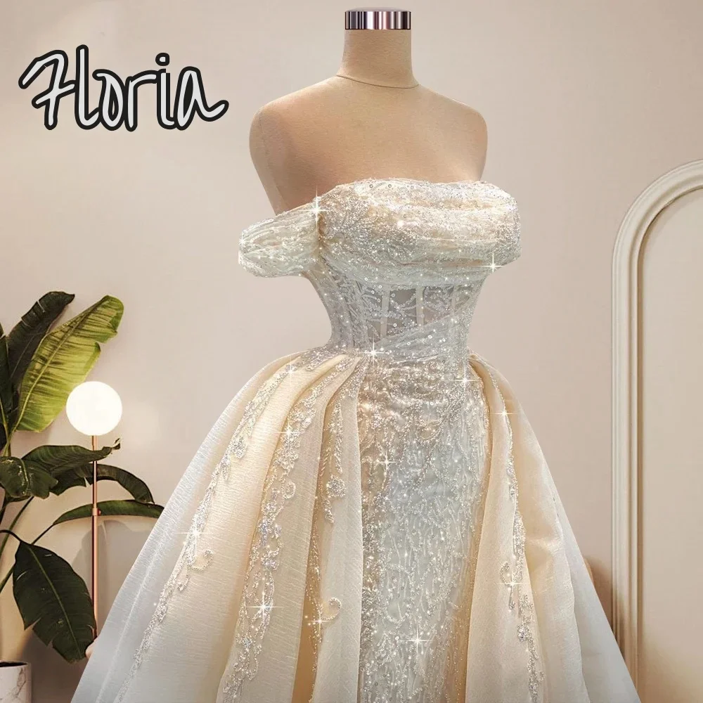 Элегантное вечернее платье русалки цвета шампанского со съемной верхней юбкой с открытыми плечами и блестками, свадебное платье