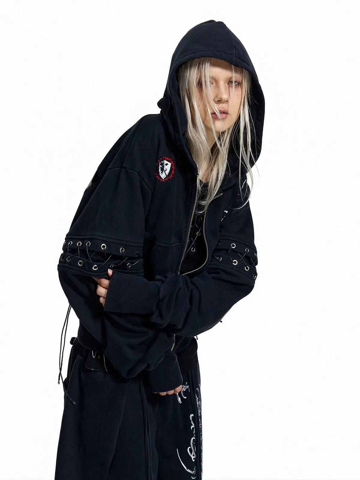 Punk Style Short Wax Rope Strap Sleeve Zipper Hoodie Subcultural Hooded Sweatshirt Cardigan Coat Men and Women
