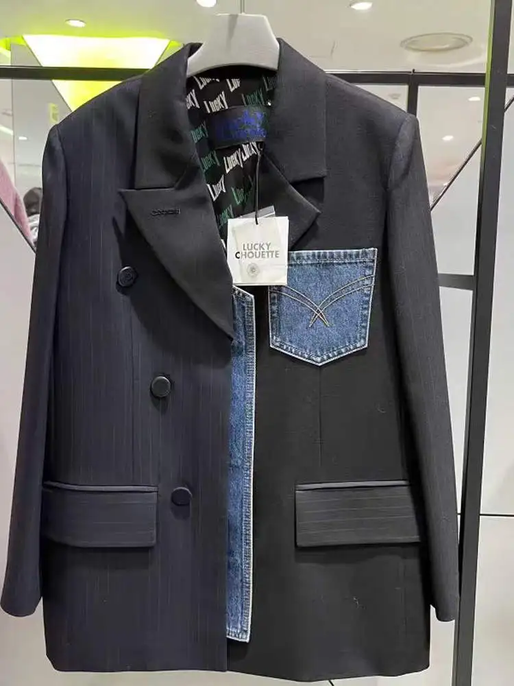 

Ретро Faionable Джинсовый Лоскутный Цвет Blo Шерстяной Костюм Джанет Свободный Силуэт Бойфренд Sle Dojazdy Wind Long Sve