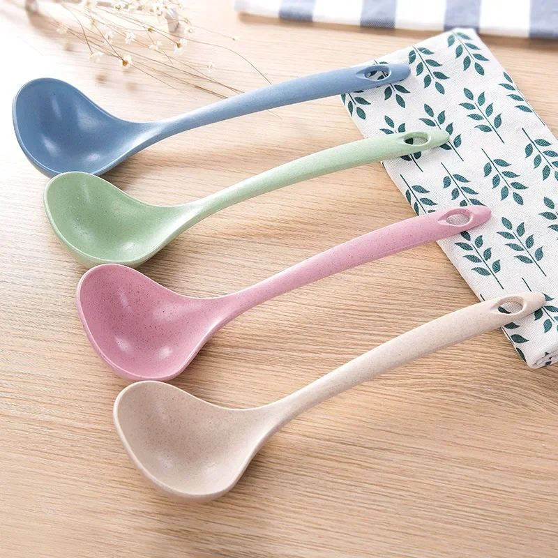 1Pcs Tableware Wheat Straw Rice Ladle 4 Colors Long Handle Soup Spoon Meal Dinner Scoops Kitchen Supplies Cooking Tool