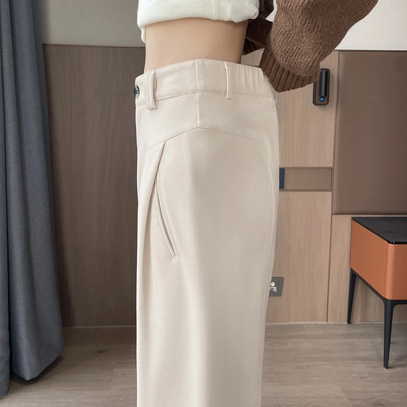 Autumn Winter New Wool Blend Warm Pants for Women Elastic Waist Wide Leg Straight Trousers Korean Fashion Pocket Straight Pants