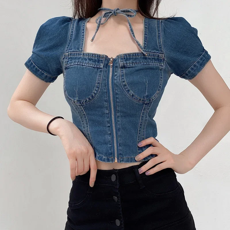 

Sexy Denim Square Collar Women T-shirt Short Puff Sleeve Zipper Blue Crop Top Lace Up Slim Fit Beauty Back Summer Tops indie y2k