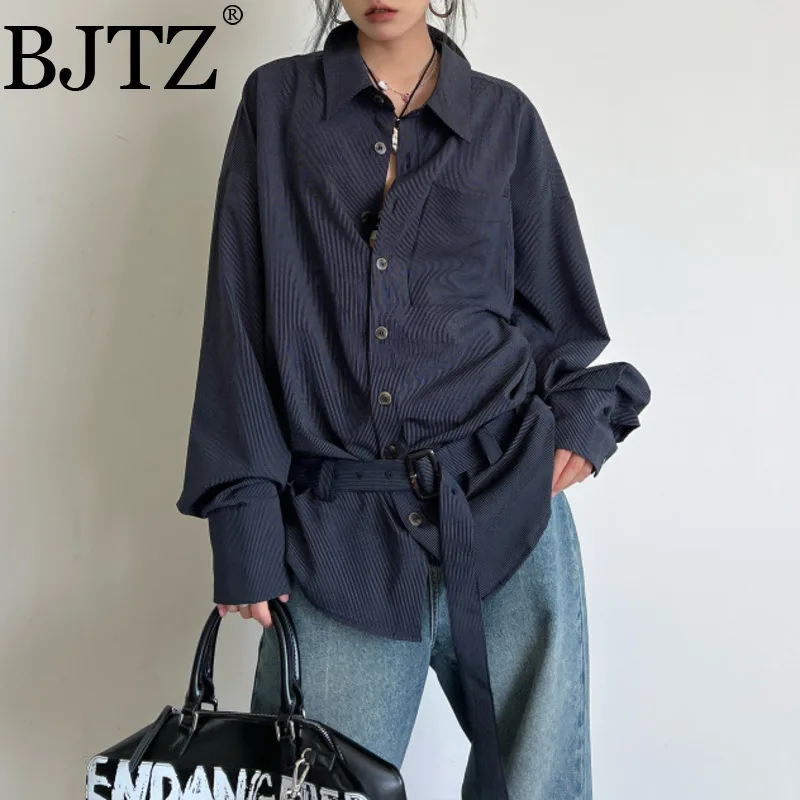 

BJTZ Deep Blue Vertical Stripe Waist Cinching Loose Lazy Style Waist Belt Shirt Top Coat For Women 2025 Summer New Trendy