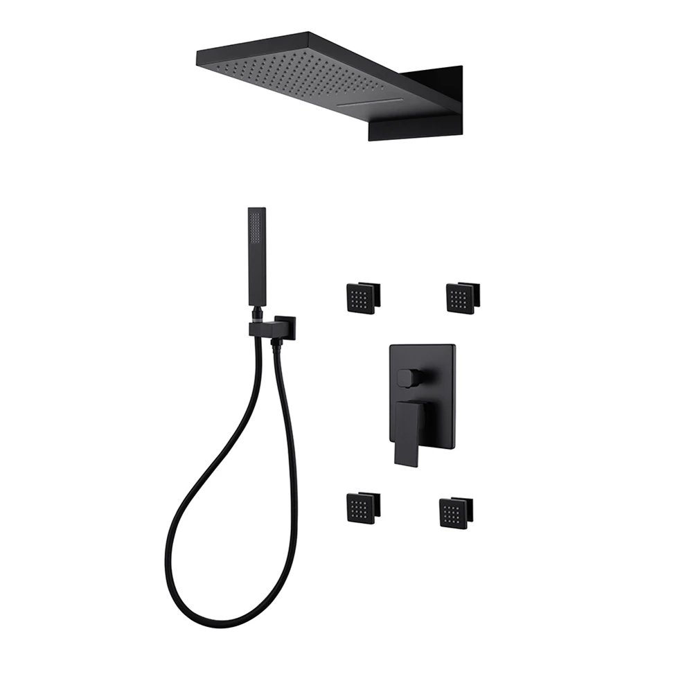 

Luxury Black Brass Rainfall Shower Mixer Hot Selling Multi-Functional Wall Mounted Shower System Soft Spray for Hotels