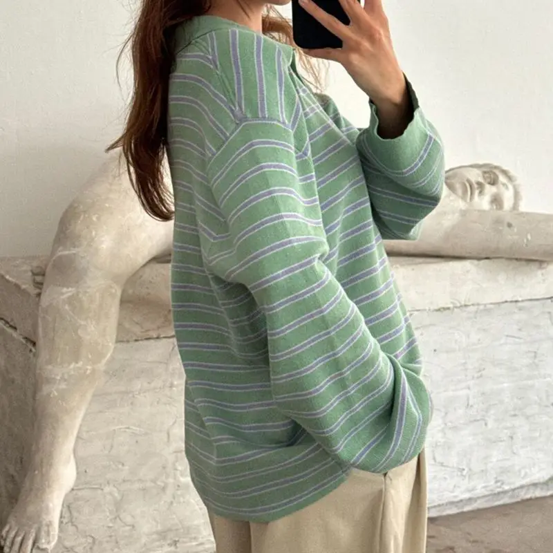 Combhasaki Donna Y2K Maglione vintage a righe con bottoni a contrasto e collo con risvolto, vestibilità ampia, casual, a maniche lunghe, pullover in maglia
