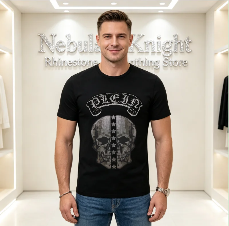 Summer Men's Bling Rhinestone Cotton T-Shirt O-Neck Short Sleeve Luxury Crystal Streetwear Casual Top for Daily Wear