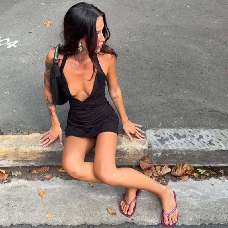 Hugcitar Damenmode V-Ausschnitt Einfarbiges Gerafftes Neckholder-Rückenfreies Schnür-Minikleid Sexy Sommerkleidung für Strand, Urlaub und Club – Detail 17