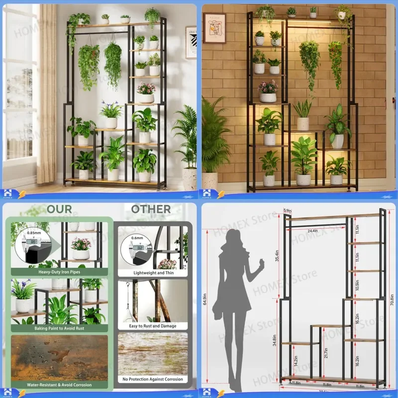 Metal Plant Stand Floor to Ceiling Large Flower Pot Rack Display Shelf for Living Room Balcony Indoor Outdoor Home Garden