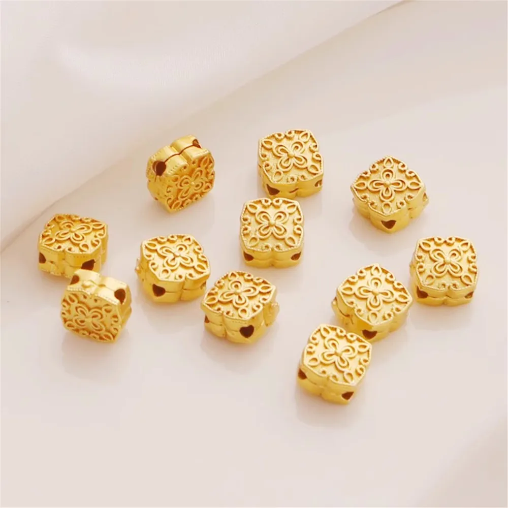 1PCS 18K Copper Gold-Plated Traditional Matte Gold Double-Sided Flower, 10mm Square Bead, DIY Jewelry Accessories, Loose Beads