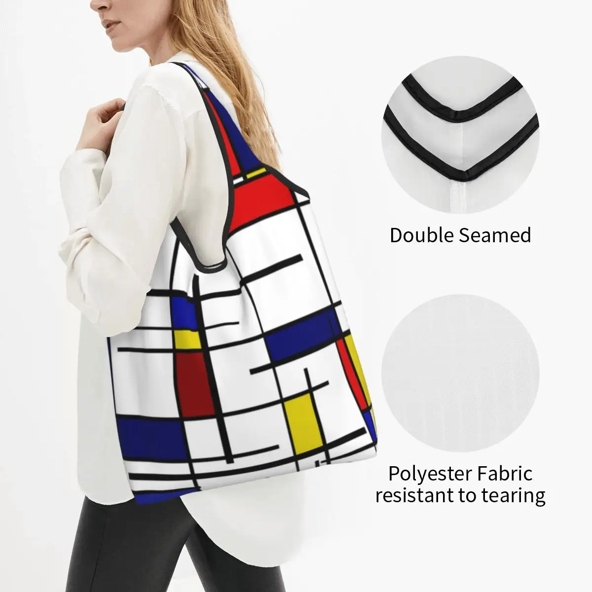 Custom Mondrian Minimalist Art Shopping Bags Women Portable Big Capacity Groceries Color Art Shopper Tote Bags