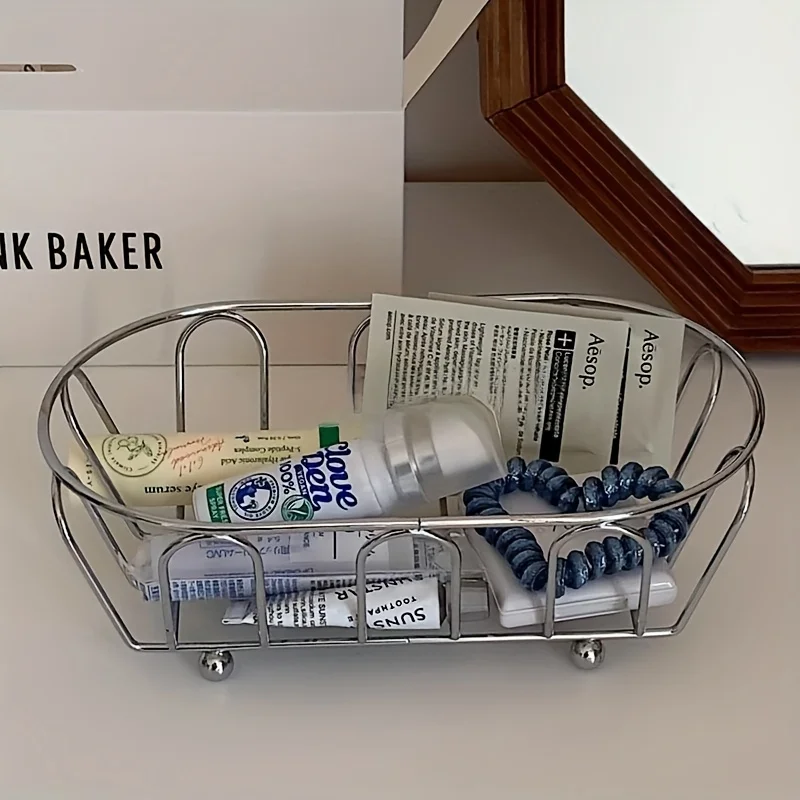 1 Stück Edelstahl-Aufbewahrungskorb mit minimalistischem Hohllinien-Design, geeignet für Waschtisch, Schreibtischorganisation, Organisationsbox