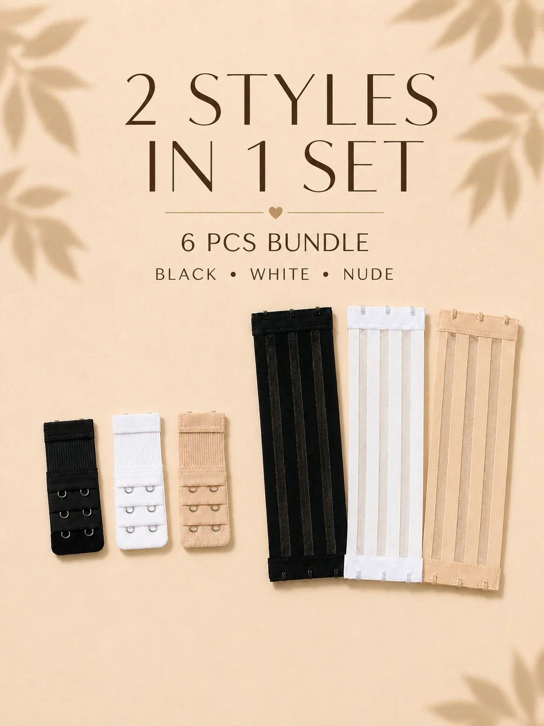 6PCS Bra Extender Set for Women, 2 Styles Hook and Eye Bra Extension Buckles, Adjustable Elastic Bra Extenders, Black White Nude