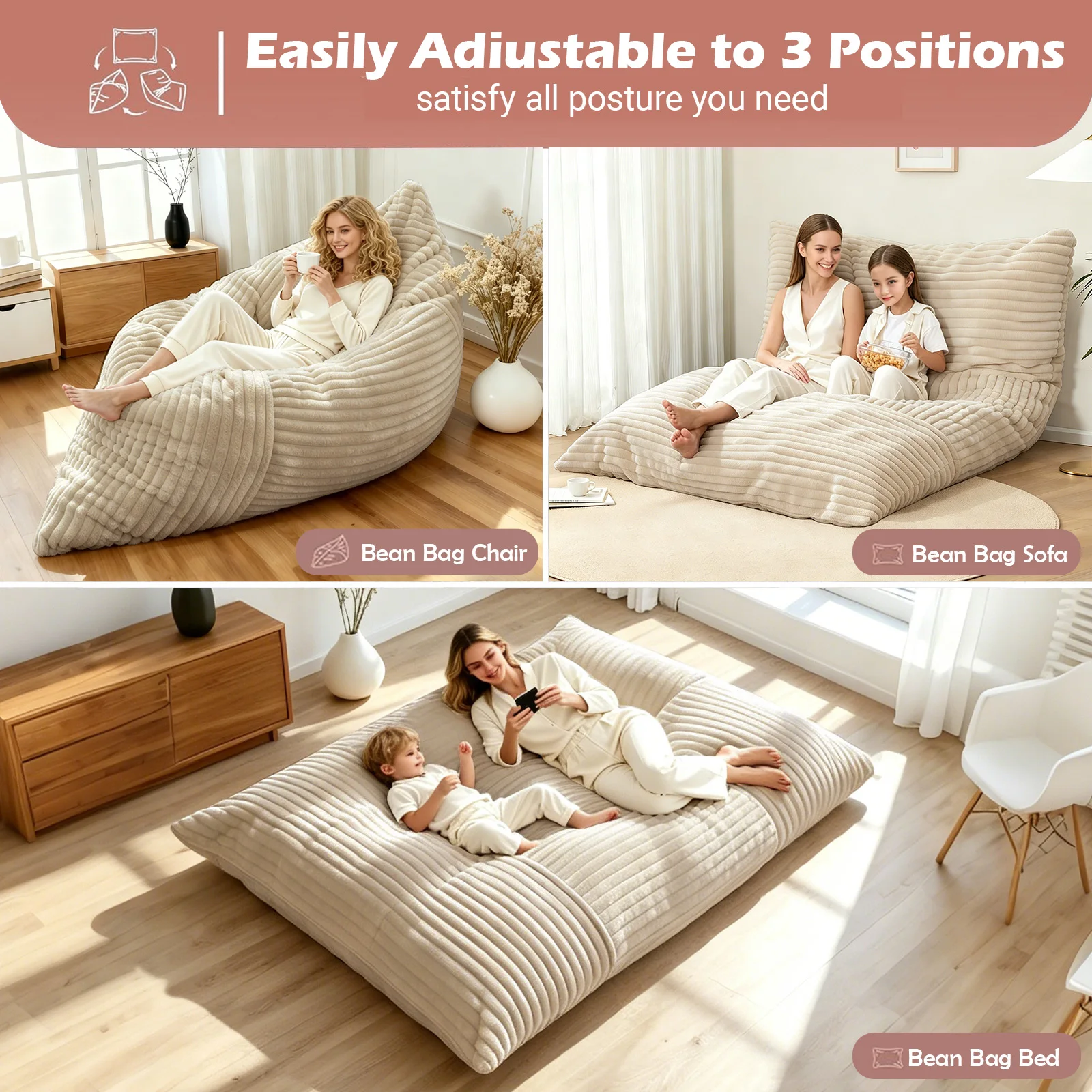 3-in-1 Striped Corduroy Bean Bag Chair, Sponge Vacuum Compressed, Washable Zipper Cover Pet Friendly Bedroom Living Room