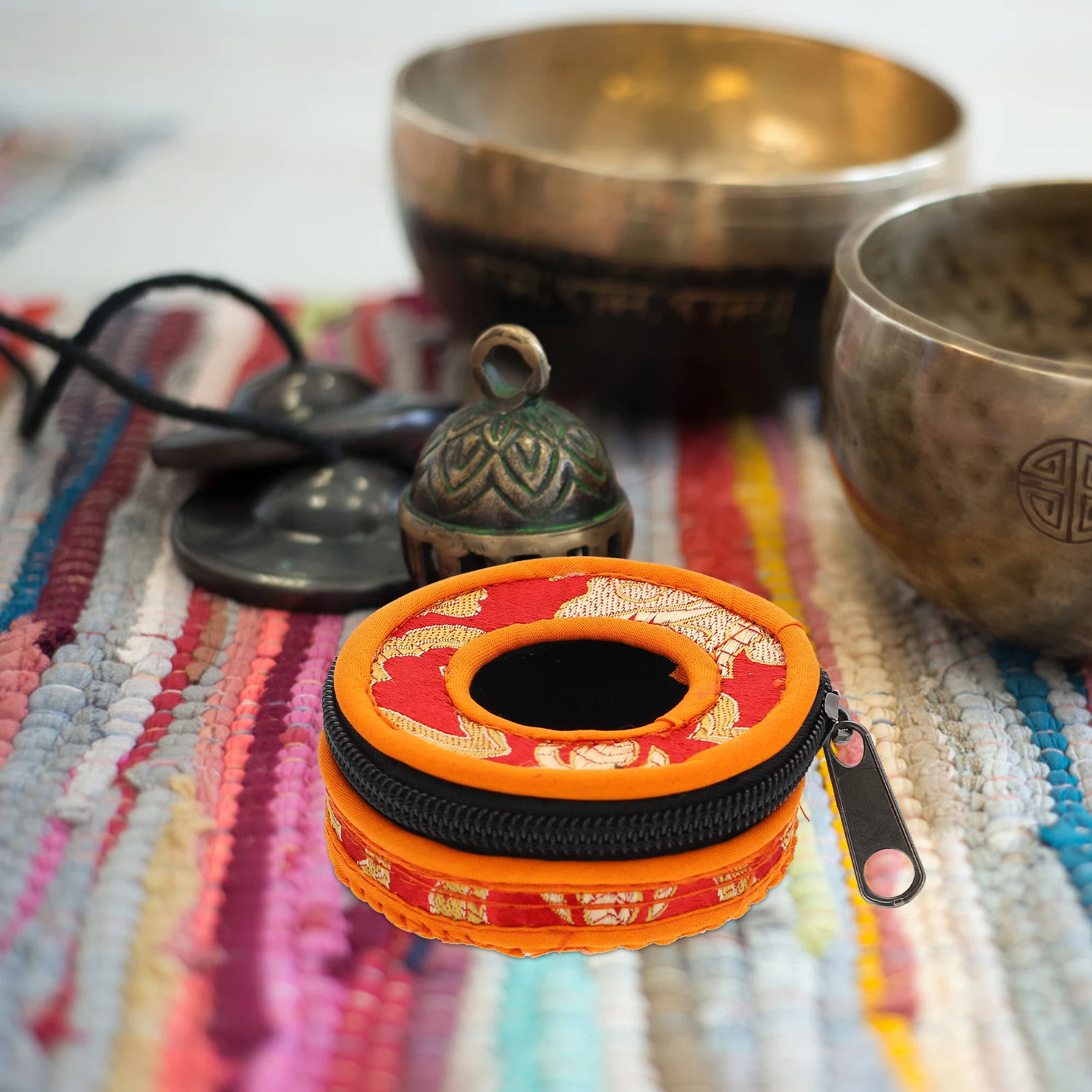 

Brocade Embroidery Bell Set Storage Bag 7 5cm Diameter Small Cotton Container for Meditation Tibetan Bell Pouch Handmade
