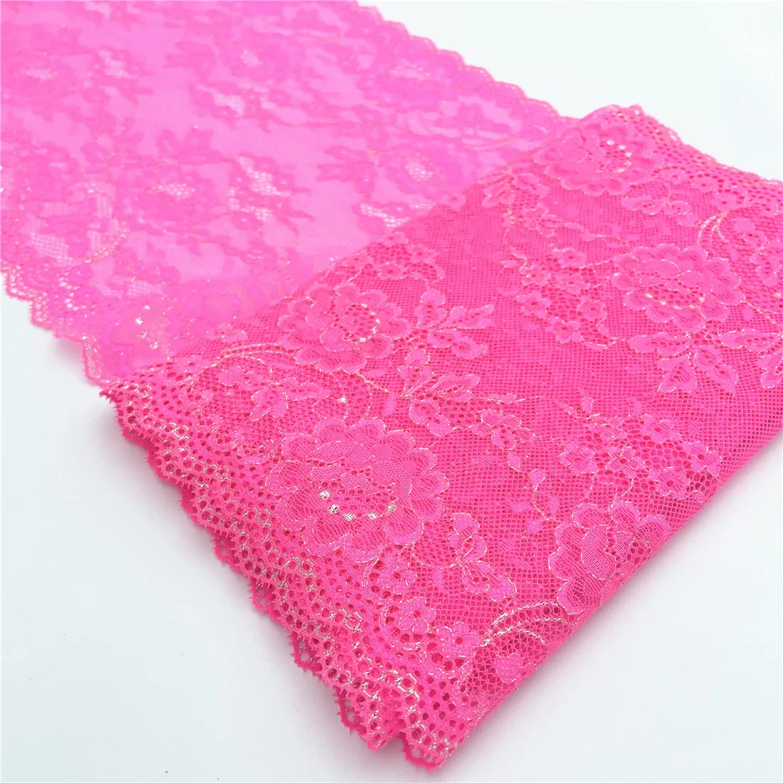 3y/lot Width 22.50cm Bright Pink Silver Shiny Elastic Stretch Lace Trim Skirt Hem For Clothes Sewing Accessories Lingerie Dress