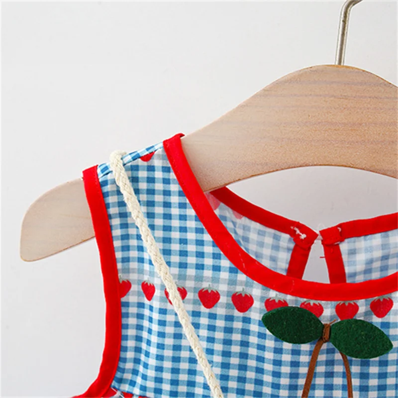 Baby Girl Dress Summer Checkered Love Print Dress Cherry Crossbody Bag Baby Girl Dress (0-4 Years Old)