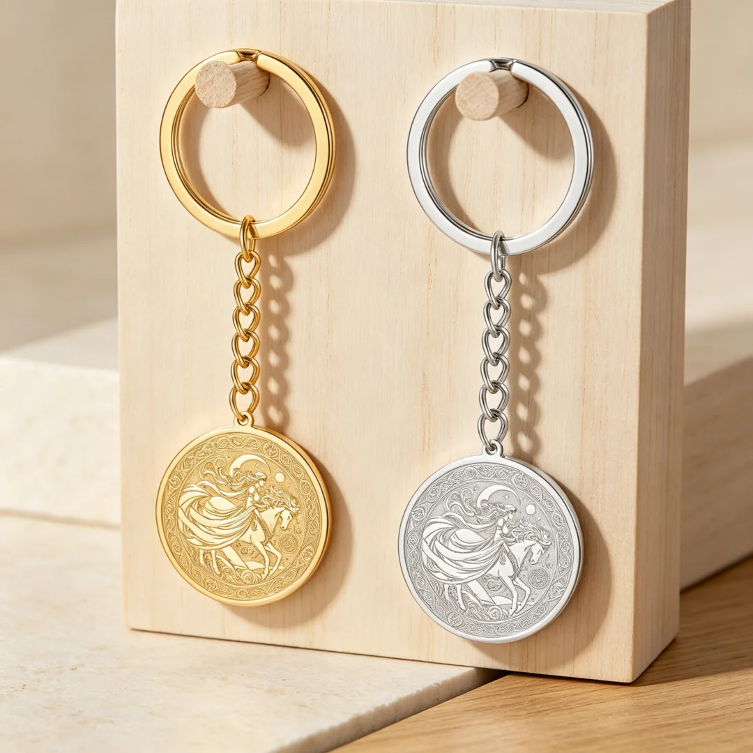 Vintage Rhiannon Celtic Goddess Keychain Welsh Mythology White Horse Moon Amulet Key Ring Spiritual Talisman Bag Charm Gift