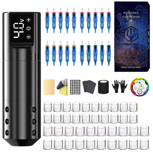 Imagen 2 del producto Kit de tatuaje POSEIDON, Kit de pluma de tatuaje ligero para maquillaje permanente, Kit de máquina de tatuaje, fuente de alimentación de tatuaje caliente negra, Kit de tatuaje