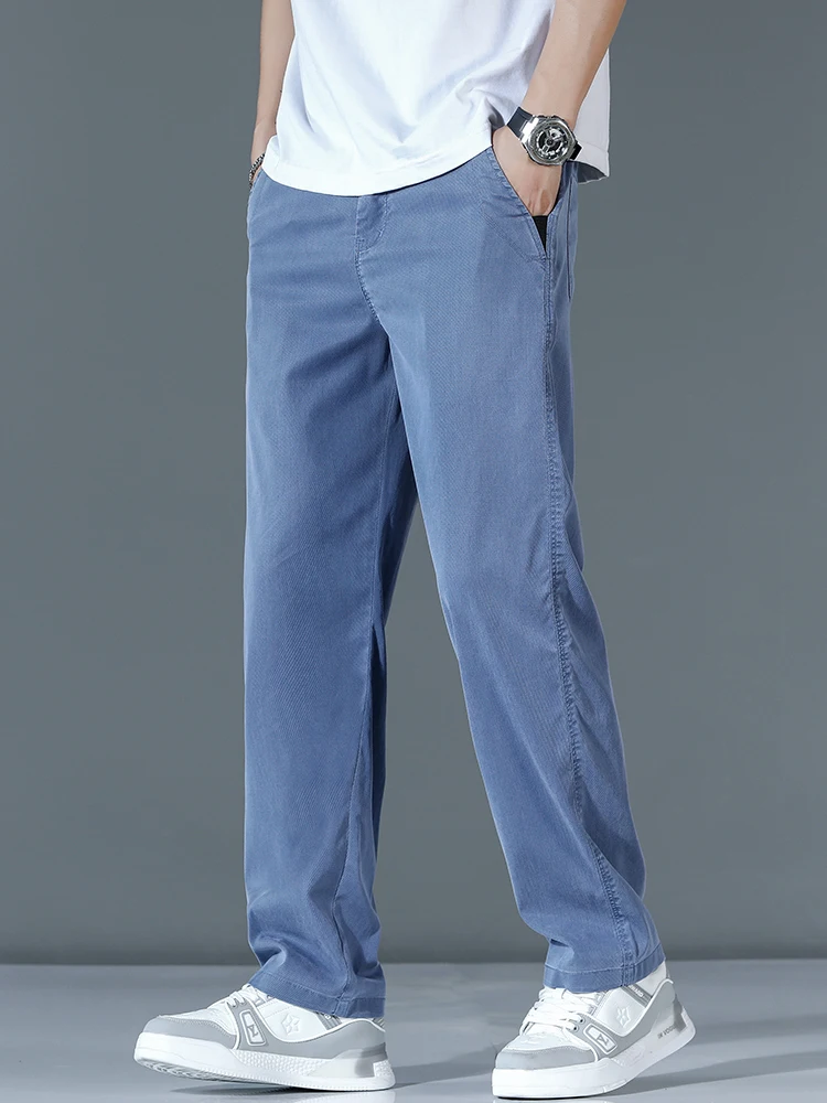 울트라 얇은 리오 셀 패션 느슨한 캐주얼 바지 남성 봄 여름 한국 스트레이트 스트레치 브랜드 바지 남성 의류 와이드 바지