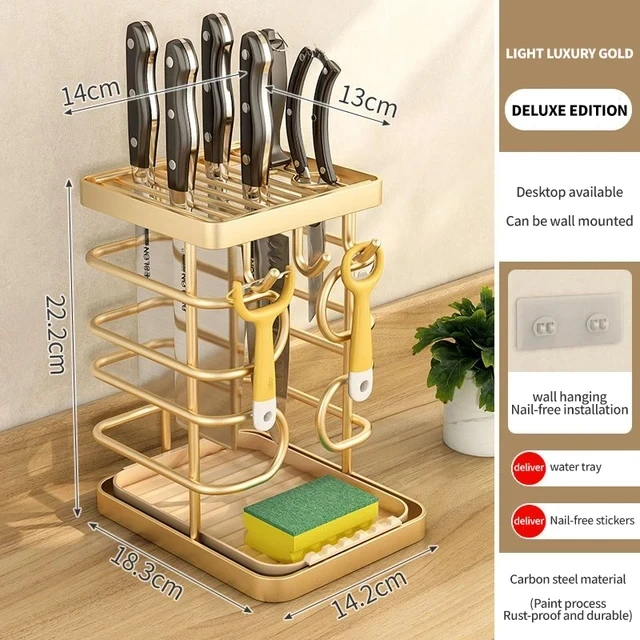 Knife Holder Multi-Function Utensil Stand Knife Block Flatware Drainer Carbon Steel Storage Box Kitchen Countertop Drain Rack